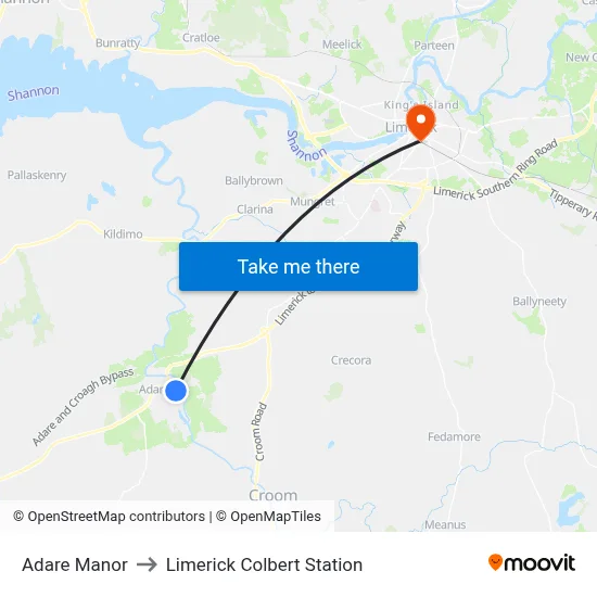 Adare Manor to Limerick Colbert Station map