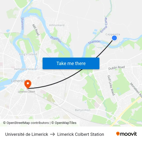 Université de Limerick to Limerick Colbert Station map