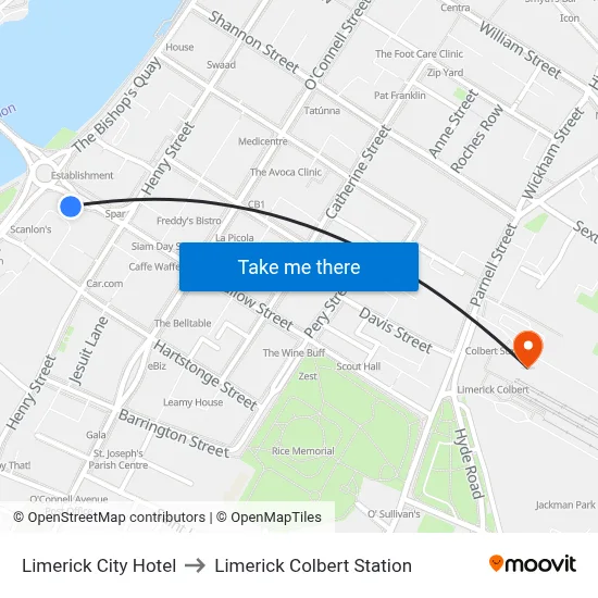 Limerick City Hotel to Limerick Colbert Station map
