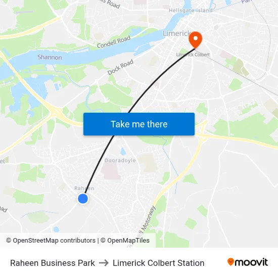 Raheen Business Park to Limerick Colbert Station map