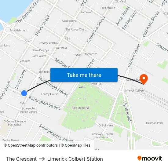 The Crescent to Limerick Colbert Station map