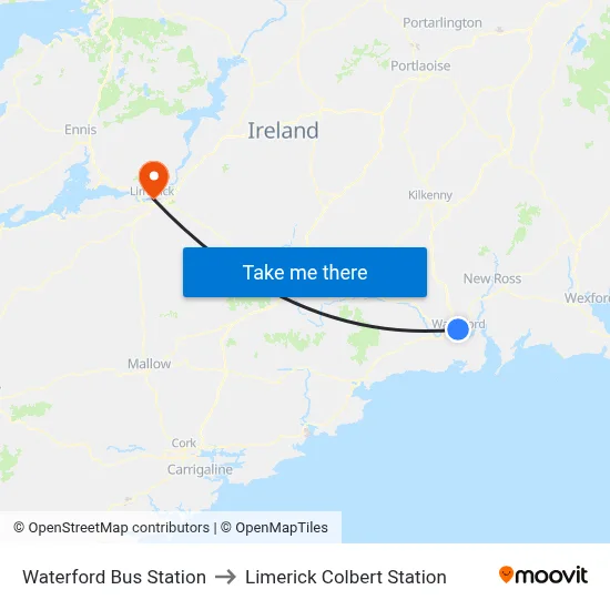 Waterford Bus Station to Limerick Colbert Station map