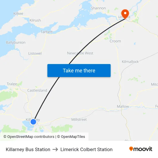 Killarney Bus Station to Limerick Colbert Station map