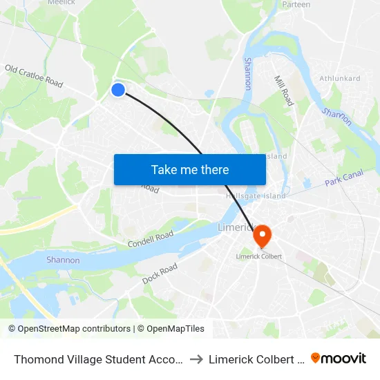 Thomond Village Student Accommodation to Limerick Colbert Station map