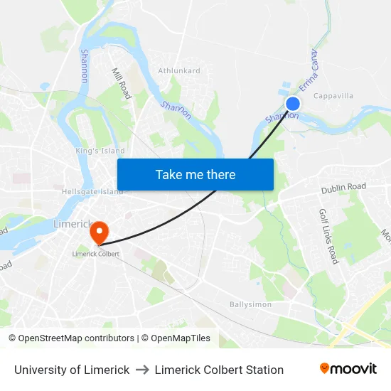 University of Limerick to Limerick Colbert Station map