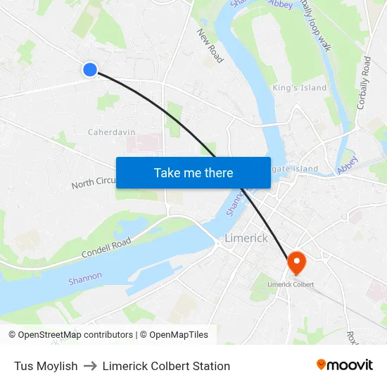 Tus Moylish to Limerick Colbert Station map