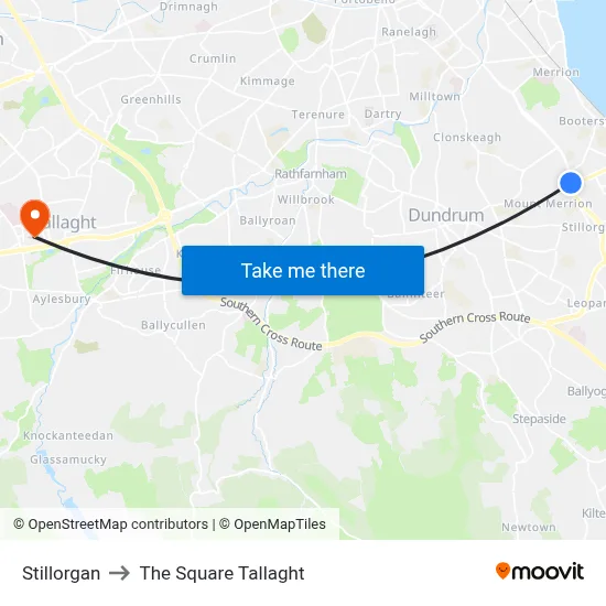 Stillorgan to The Square Tallaght map