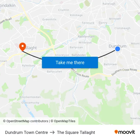 Dundrum Town Centre to The Square Tallaght map