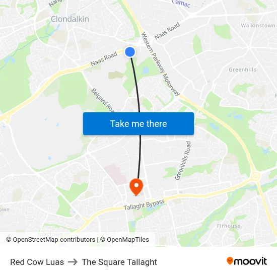 Red Cow Luas to The Square Tallaght map