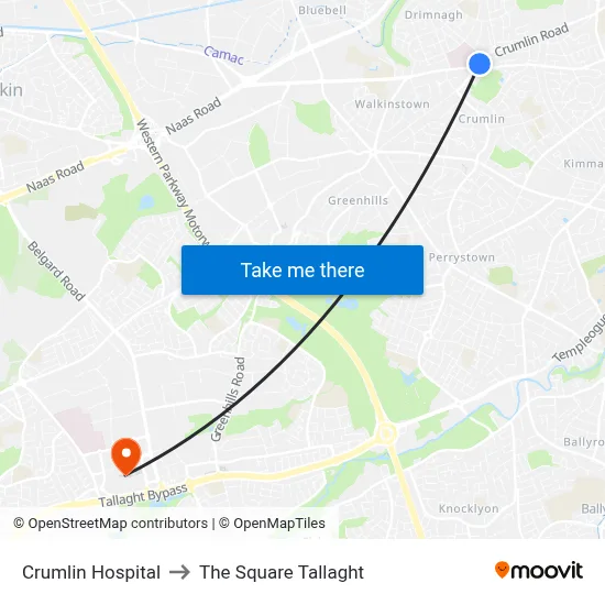 Crumlin Hospital to The Square Tallaght map
