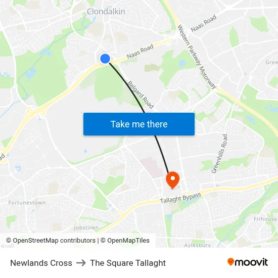 Newlands Cross to The Square Tallaght map