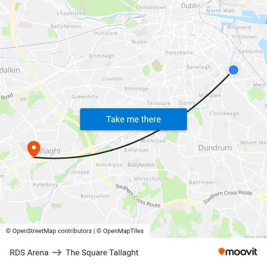 RDS Arena to The Square Tallaght map