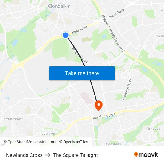Newlands Cross to The Square Tallaght map