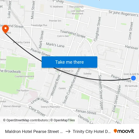 Maldron Hotel Pearse Street Dublin to Trinity City Hotel Dublin map