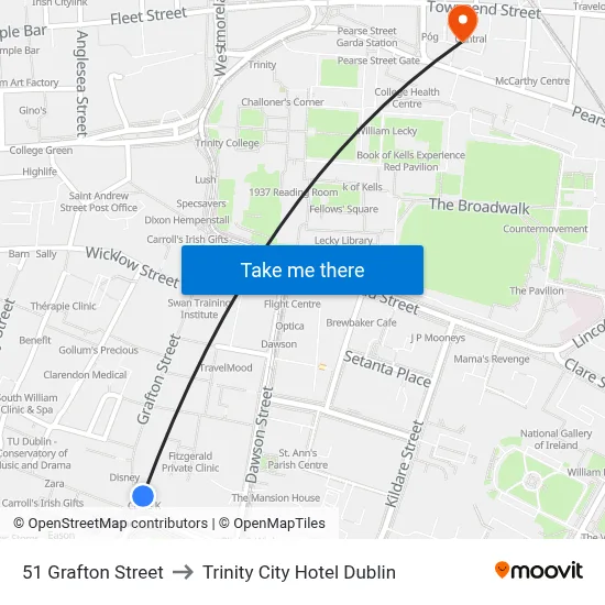 51 Grafton Street to Trinity City Hotel Dublin map