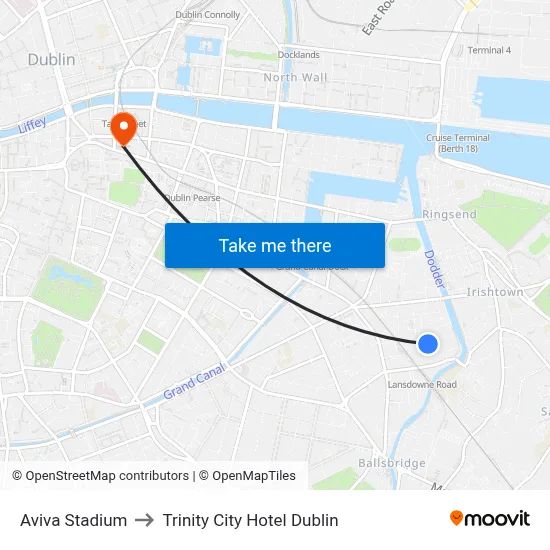 Aviva Stadium to Trinity City Hotel Dublin map