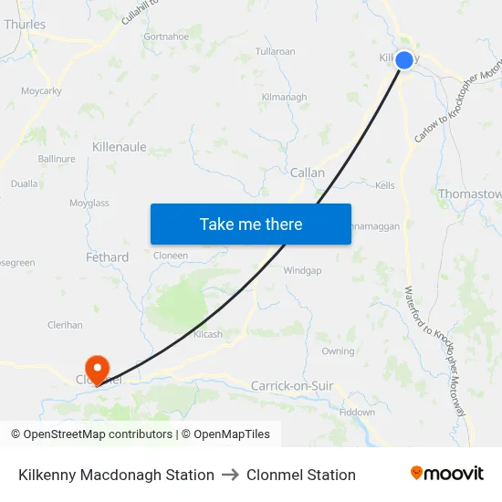 Kilkenny Macdonagh Station to Clonmel Station map