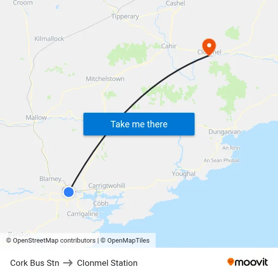Cork Bus Stn to Clonmel Station map