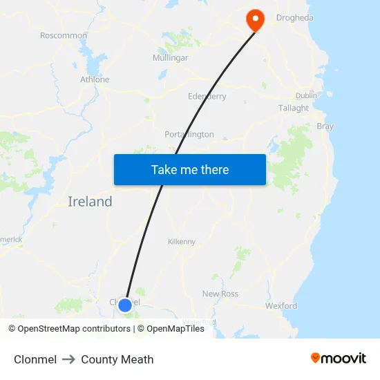 Clonmel to County Meath map