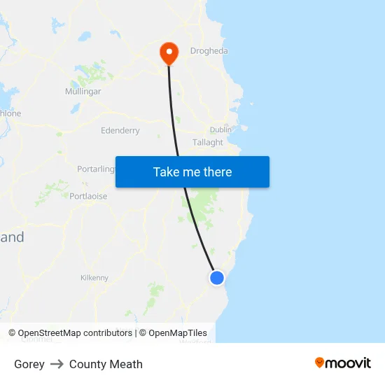 Gorey to County Meath map