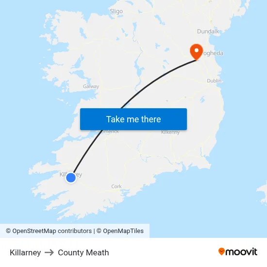 Killarney to County Meath map