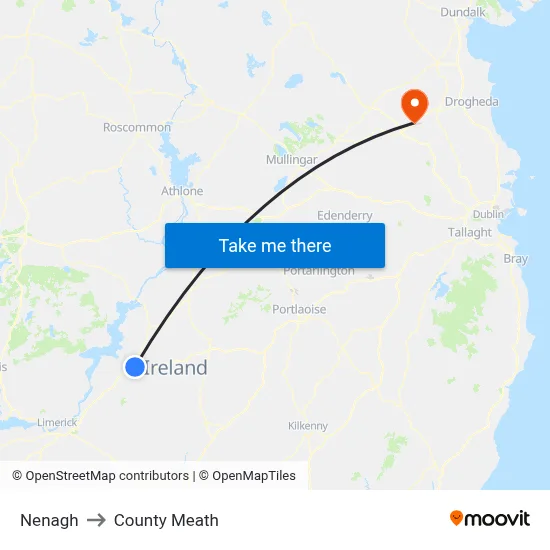 Nenagh to County Meath map