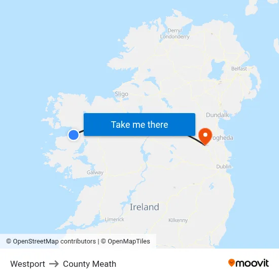 Westport to County Meath map