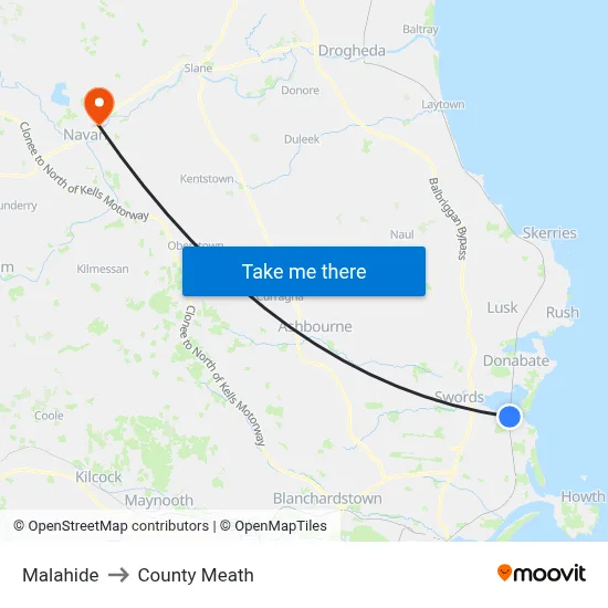Malahide to County Meath map