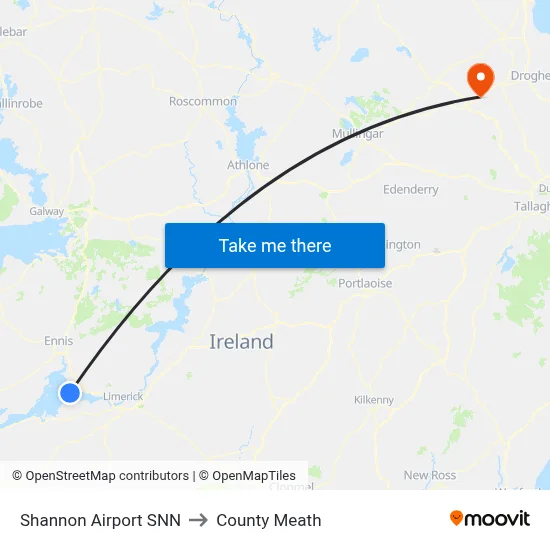 Shannon Airport SNN to County Meath map