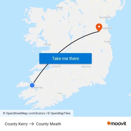 County Kerry to County Meath map