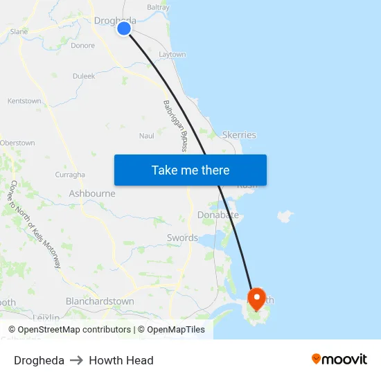 Drogheda to Howth Head map