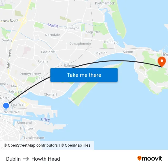 Dublin to Howth Head map
