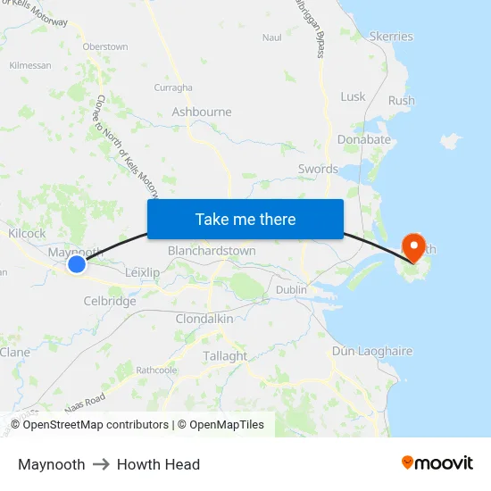 Maynooth to Howth Head map