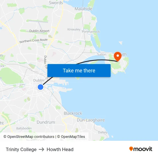 Trinity College to Howth Head map
