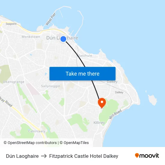 Dún Laoghaire to Fitzpatrick Castle Hotel Dalkey map