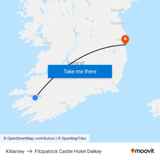 Killarney to Fitzpatrick Castle Hotel Dalkey map