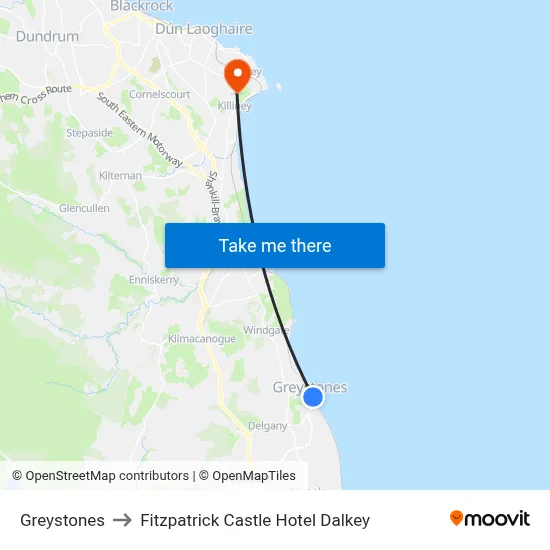Greystones to Fitzpatrick Castle Hotel Dalkey map