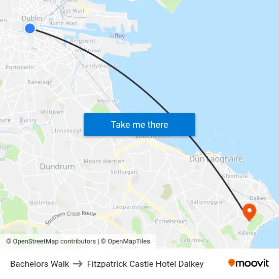 Bachelors Walk to Fitzpatrick Castle Hotel Dalkey map
