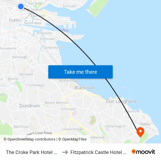 The Croke Park Hotel Dublin to Fitzpatrick Castle Hotel Dalkey map