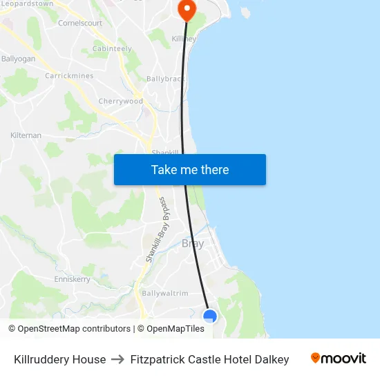 Killruddery House to Fitzpatrick Castle Hotel Dalkey map
