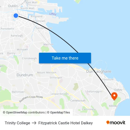 Trinity College to Fitzpatrick Castle Hotel Dalkey map