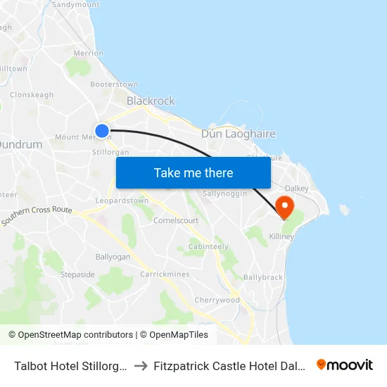 Talbot Hotel Stillorgan to Fitzpatrick Castle Hotel Dalkey map