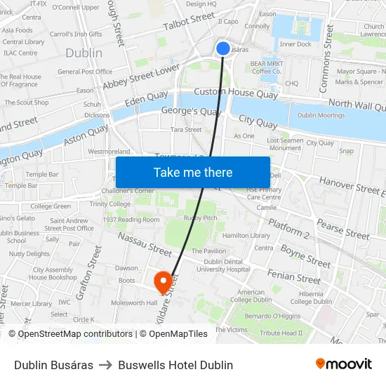 Dublin Busáras to Buswells Hotel Dublin map