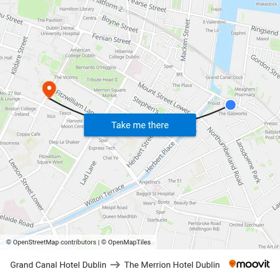 Grand Canal Hotel Dublin to The Merrion Hotel Dublin map