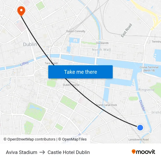 Aviva Stadium to Castle Hotel Dublin map
