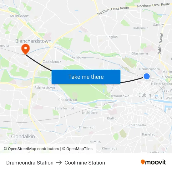 Drumcondra Station to Coolmine Station map