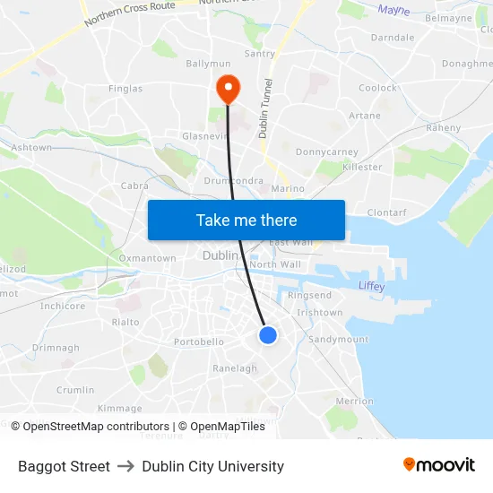 Baggot Street to Dublin City University map