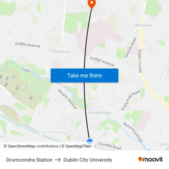 Drumcondra Station to Dublin City University map