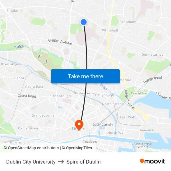 Dublin City University to Spire of Dublin map