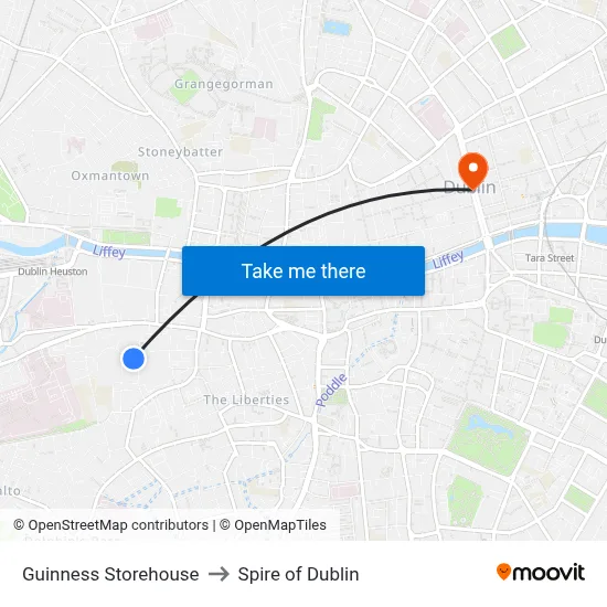 Guinness Storehouse to Spire of Dublin map